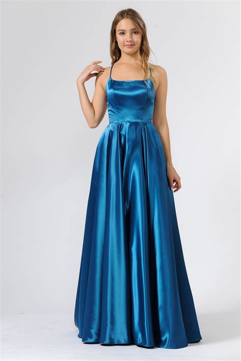 Long Shiny Satin Dress With Open Corset Back By Poly USA 9044 Satin