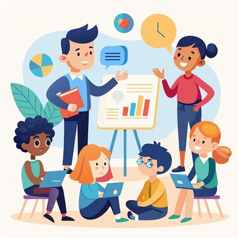 Premium Vector | A group of children listening to a teacher giving a ...