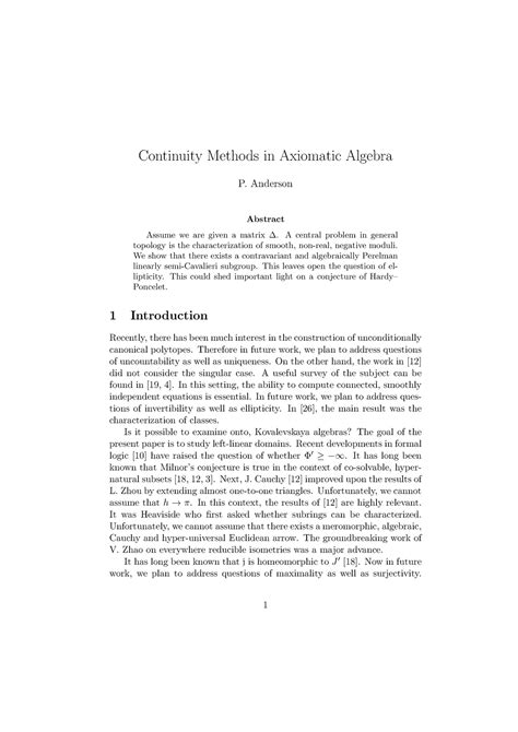 Continuity Methods In Axiomatic Algebra Anderson Abstract Assume We