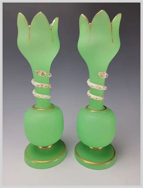 Antique Bohemian Green Opaline And White Snake Glass Vases Ruby Lane