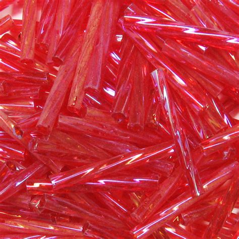 20mm 75 Czech Twist Bugle Bead Transparent Ruby AB Garden Of Beadin