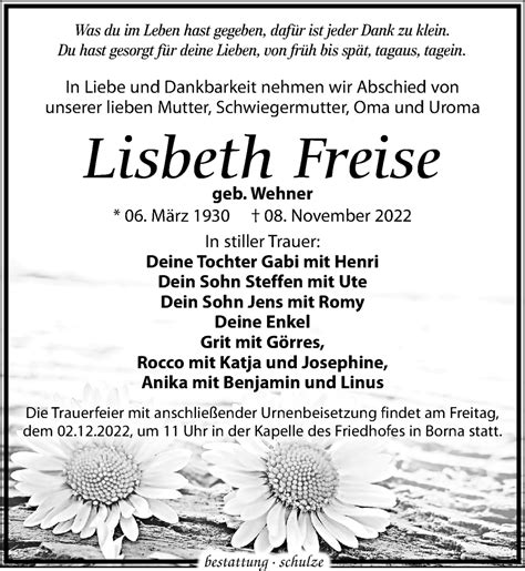 Traueranzeigen Von Lisbeth Freise Trauer Anzeigen De