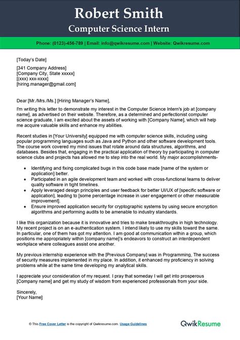 Computer Science Intern Cover Letter Examples Qwikresume