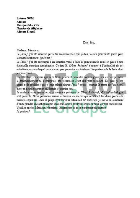 Lettre Contestation Licenciement Pour Faute Grave Pratique Fr