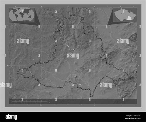 Jihomoravsky Region Of Czech Republic Grayscale Elevation Map With Lakes And Rivers Corner