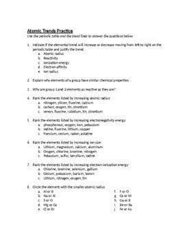 Atomic Trends Practice By Schrim S Chem Teachers Pay Teachers