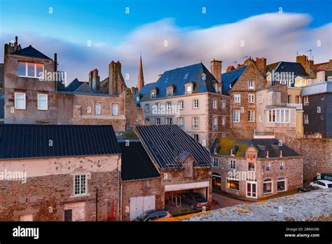 Night View Of Beautiful Walled City Intra Muros In Saint Malo Also