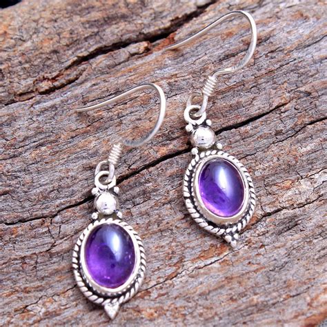 Natural Oval Shape Purple Amethyst Gemstone Earring Sterling