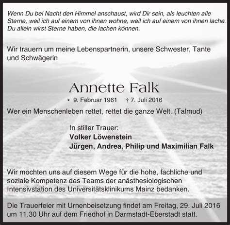 Traueranzeigen Von Annette Falk Vrm Trauer De