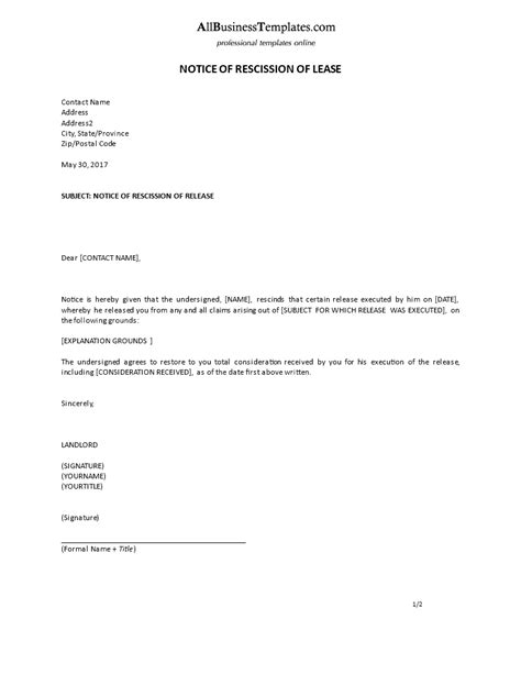 Microsoft Word Template Rescission Free Word Template