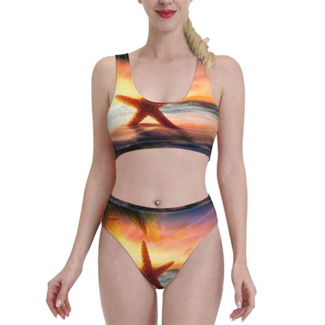 Lukts Women High Waisted Bikini Set Starfish Sunset Sea Beach Swimsuit