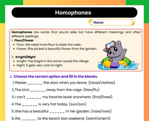 English Grammar Homophones Worksheet For Class 5