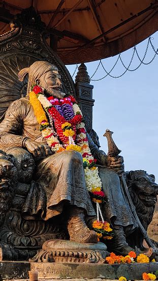 Full Shot Of Chatrapati Shivaji Maharaj Statue Located On Raigad Fort In Western Sahyadri Ghats