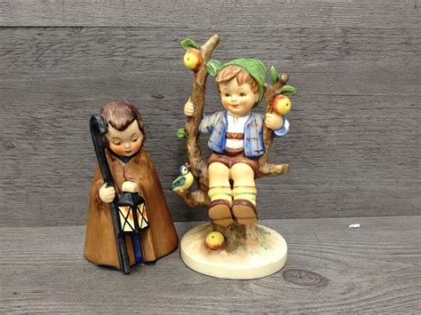 Lot Of 2 Hummel Goebel Figurines Boy In Apple Tree Woman With Staff And