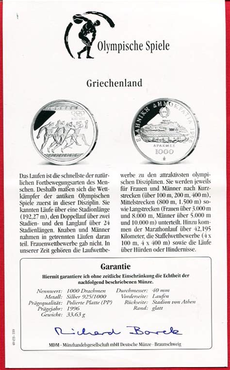 Griechenland 1000 Drachmen Silbermünze Olympische Spiele 1996 Atlanta