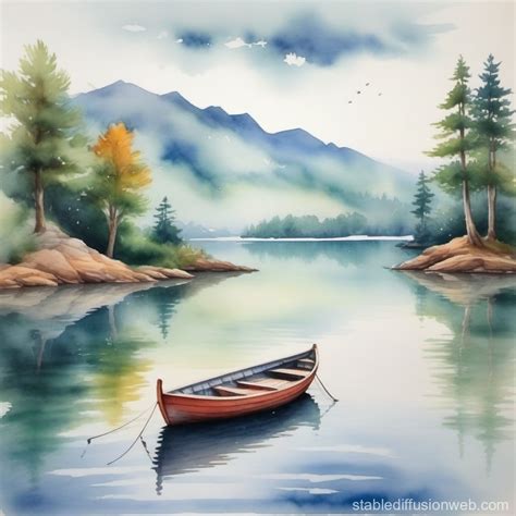 Watercolor Boat On Lake Scenery Stable Diffusion Online