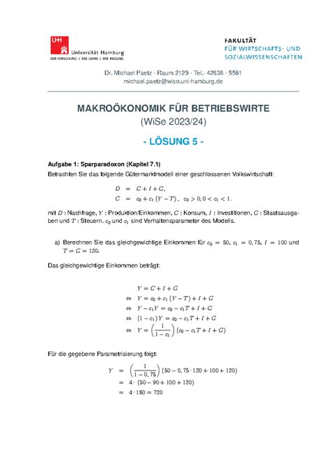 Makro BWL Loesung 5 Zusammenfassung Dr Michael Paetz Raum 2129