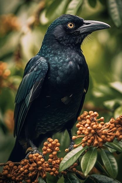 Premium Photo A Crow Sits On A Branch With A Green Background