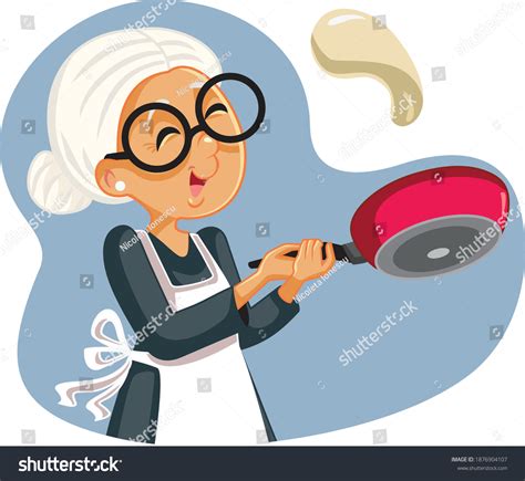 Cheerful Grandmother Flipping Pancakes Breakfast Senior Stock Vector