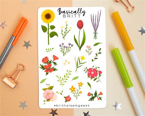 Flowers Stickersheet Bullet Journal Floral Stickers Cute Etsy