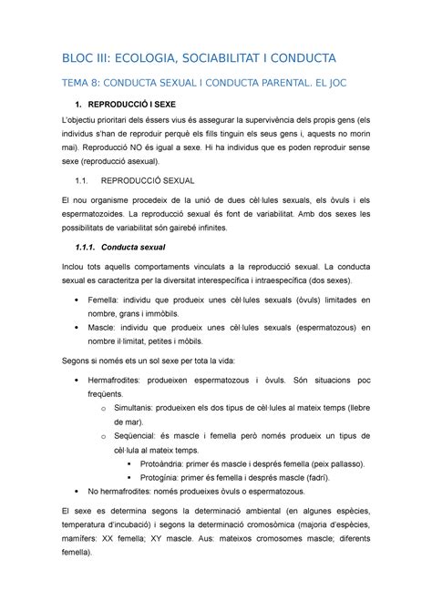 TEMA 8 Apunts 8 Etologia BLOC III ECOLOGIA SOCIABILITAT I