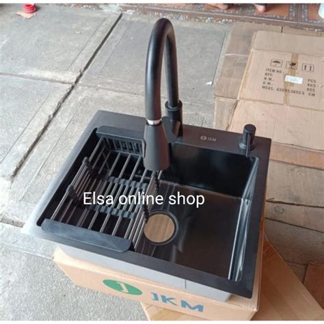 Jual Paket Lengkap Kitchen Sink JKM 5243 Black Komplit Set Kran Tarik