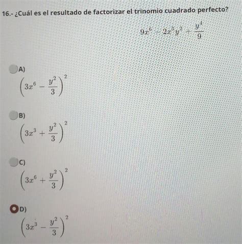 Cu L Es El Resultado De Factorizar El Trinomio Cuadrado Perfecto