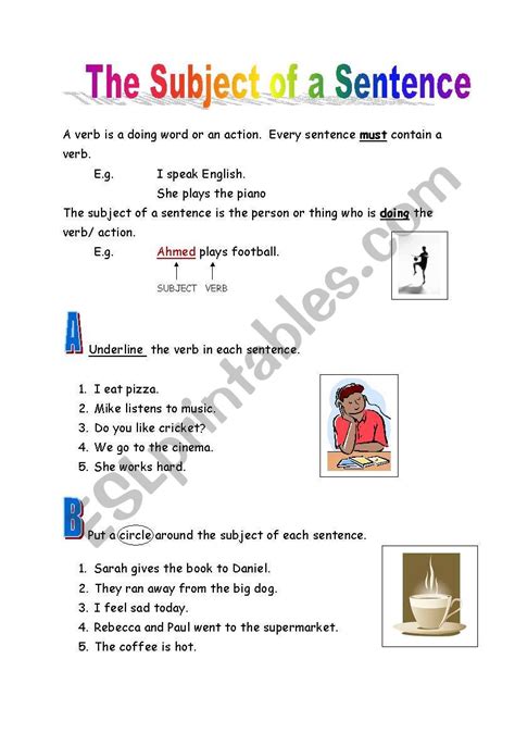 English Worksheets The Subject Of A Sentence