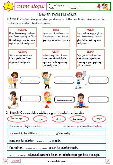 2 Sınıf Hayat Bilgisi Bireysel Farklılıklarımız Etkinliği Meb Ders