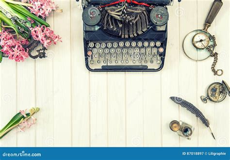 Antique Typewriter Flowers Vintage Office Tools Retro Stock Image