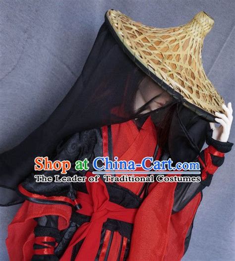 Ancient Chinese Swordsman Costumes And Bamboo Hat Veil Complete Set Bamboo Hats Veiled Hats