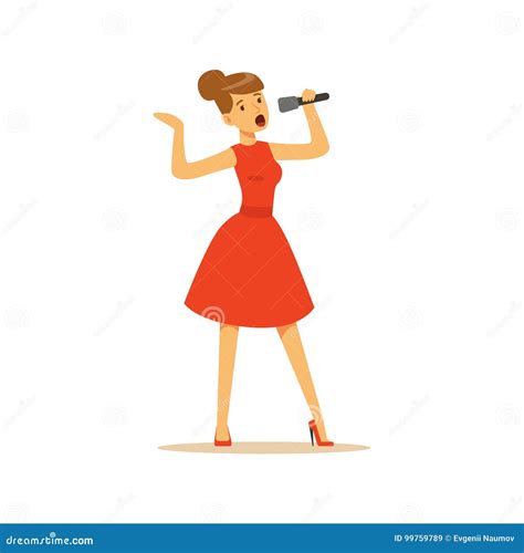 Beautiful Woman Singer In Red Dress Singing With Microphone Vector