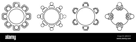 Round table with chairs icons in line art style. Table for business ...