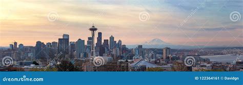 Seattle WA Skyline with Mount Rainier during Sunrise Panorama Stock ...