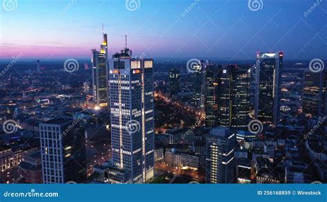 Aerial View Frankfurt Am Main Skyline Buildings With Commerzbank And