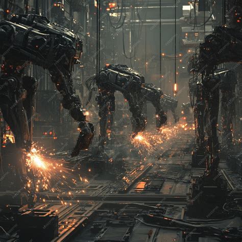 Robot empire with factories producing robotic armies sparks flying