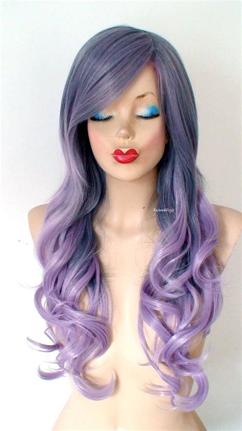 Pastel Dark Gray Lavender Ombre Wig Long Curly Hair Long Rainbow