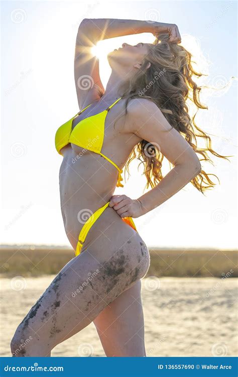 Beautiful Bikini Model Posing In A Beach Environment Stock Photo