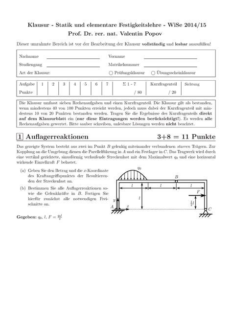 Statik und elementare Festigkeitslehre Prüfung WISE 14 15 Klausur