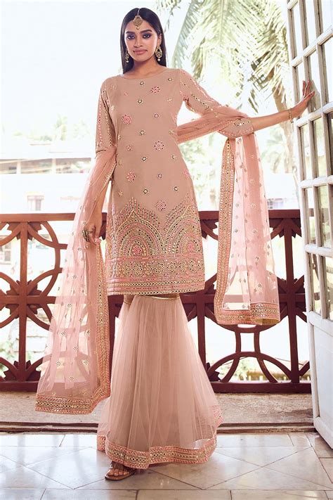 Buy Silk Organza And Net Beige Brown Foil Mirror Embellished Sharara