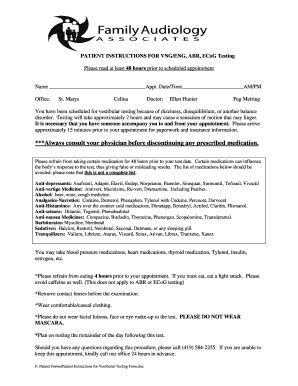 Fillable Online PATIENT INSTRUCTIONS FOR VNG ENG ABR ECoG Testing Fax