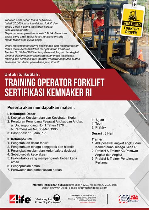 Training Operator Forklift Sertifikasi Kemnaker RI 4Life Indonesia