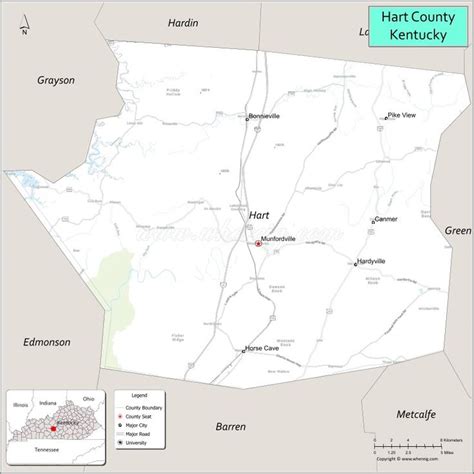 Map of Hart County, Kentucky showing cities, highways & important ...