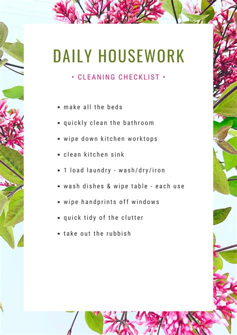 Daily housework checklist - free daily cleaning schedule - Daisies & Pie