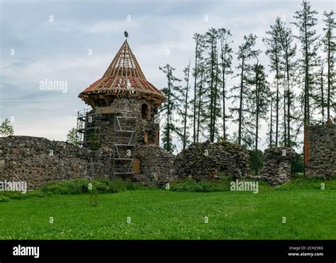 Old Medieval Stone Castle Ruins Castle Tower With New Roof Structure