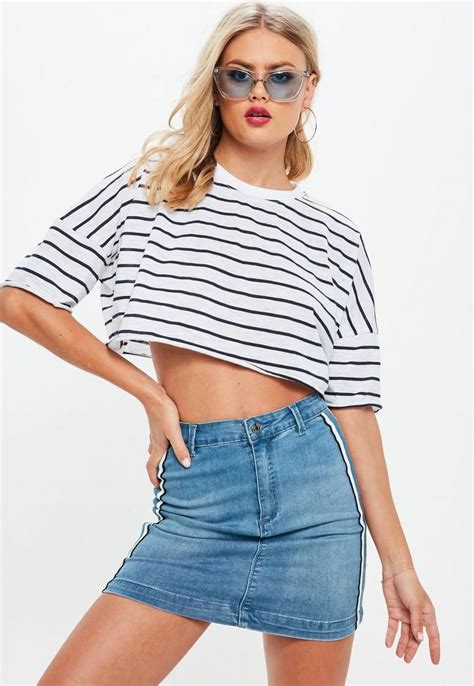 Navy Oversized Stripe Crop T Shirt Clothes Womens Tops Tops