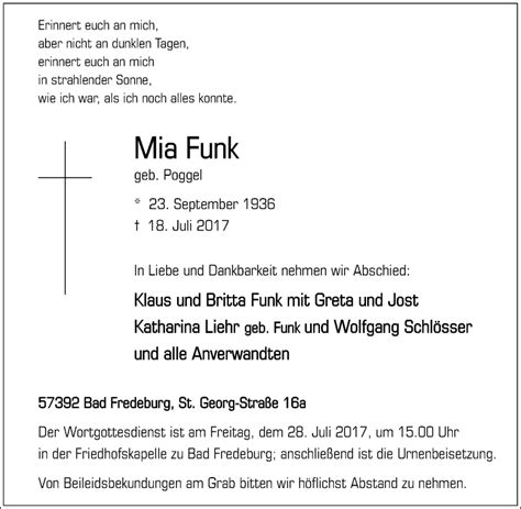 Traueranzeigen Von Mia Funk Trauer In Nrw De