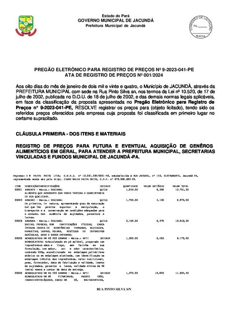 Ata De Registro De Pre O Generos Pe Prefeitura Municipal De