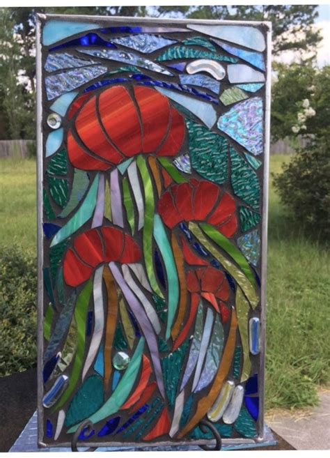 Stained Glass Mosaic Abstract Panel Jellyfish Sea Ocean Window Etsy