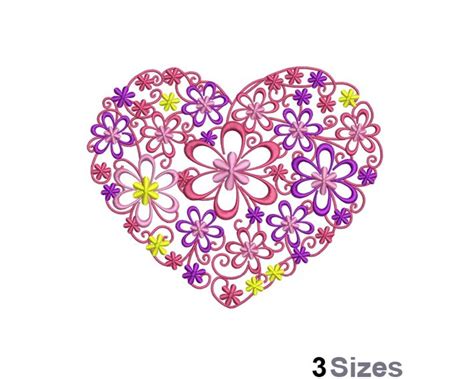 Flowers Love Heart Machine Embroidery Design 3 Sizes Floral Heart Embroidery Pattern Valentine